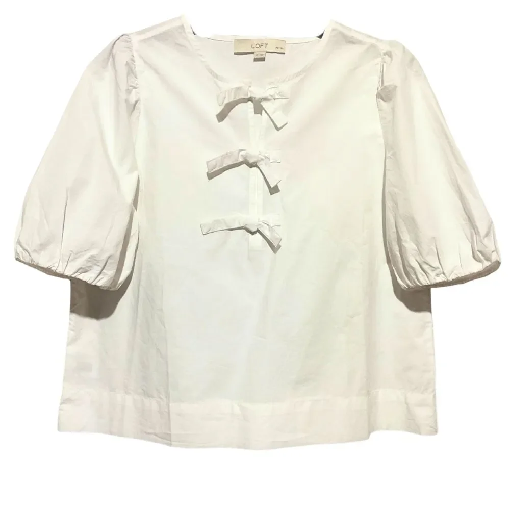 New Loft Poplin Front-Tie Peplum Blouse with Puffed-Sleeves Small